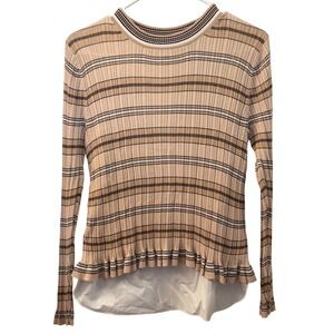 Derek Lam 10 Crosby Striped Knit Top with Ruffle Hem M Peach Black White Office